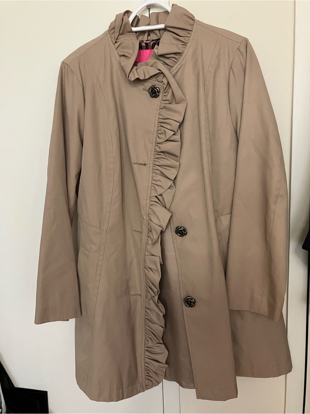 Betsey Johnson Taupe Ruffle-Front Raincoat